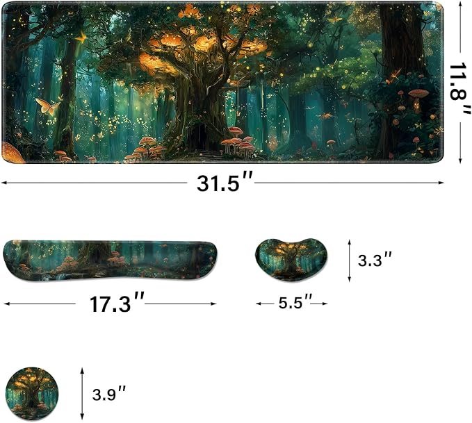 Desk Pad and Keyboard Wrist Rest, Large Mouse Pad + Keyboard Pad+Mouse Wrist Support, Non-Slip Desk Mat Protector for Office, Home 31.5×11.8 Inches Green Forest - Image 4