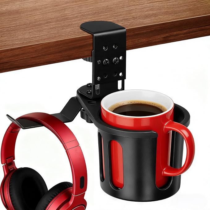 Desk Cup Holder Clamp 2 in 1 Clip On Table Cup Holder with Headphone Hanger by MYITYARD