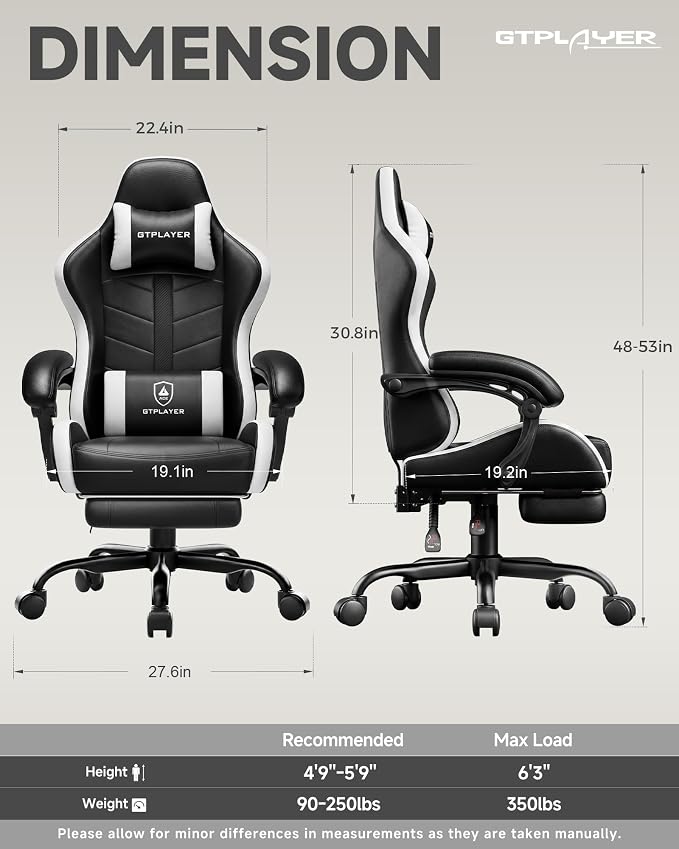 GTPLAYER Gaming Chair, Computer Game Chair for Adults, Pearl White | Ergonomic Comfort Video Game Chair with Footrest 90-155°Recline, Head Lumbar Support & Height Adjustable for Office Gaming - Image 2