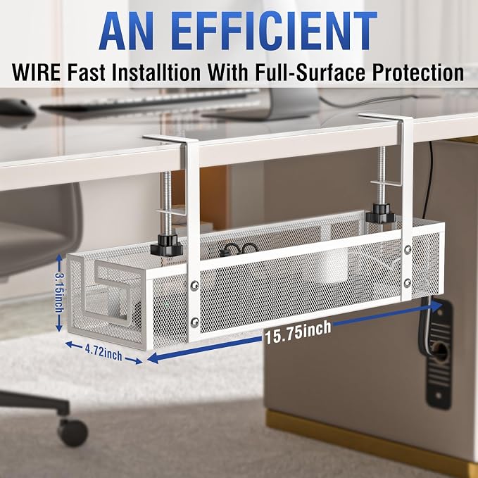 Under Desk Cable Management Tray, 15.75" No Drill Cable Management White, - Image 3