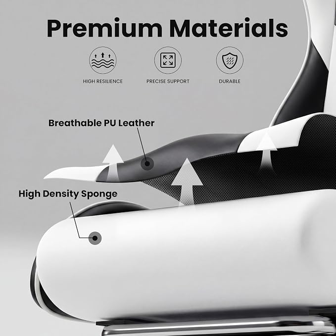 Gaming Chair, Ergonomic Footrest, Lumbar & Headrest(Black White) | Steel frame, PVC leather & memory foam; 330 lb; 21" seat; 360° swivel, 90–155° recline; easy assembly; gaming & work - Image 6