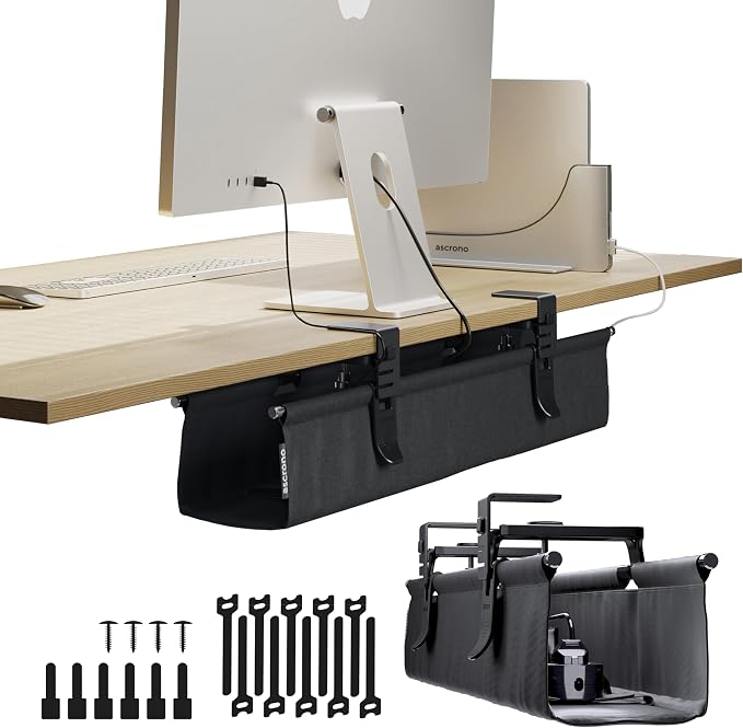 Ascrono Original No Drill Under Desk Cable Management Tray 27.3" - Premium Black Fabric Cable Management Under Desk - Clamp/Screw Mount Cord Organizer - Supports Upto 66lbs by Ascrono