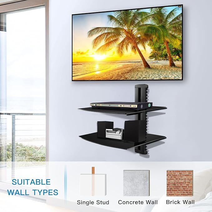 Suptek Glass Floating Shelves, TV Wall Mount with Shelf for DVD Player / PS4 / Cable Boxes/Game Consoles/Sky Box/TV Accessories, Flat Black 2-Tier Wall Mount Bracket - Image 4