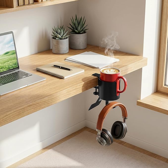 3 in 1 Desk Cup Holder Clamp, Clip On Table Cup Holder with Headphone Hook - Image 9
