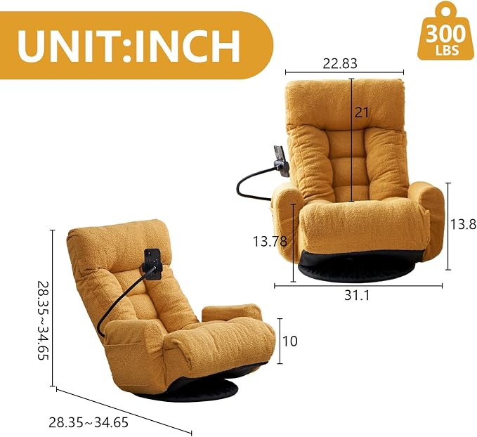 360° Swivel Gaming Floor Chair, 5 Position Adjustable Folding Sofa Chair with Armrests & Phone Holder, Cushion Padded Indoor Chaise Lounge for Adults, Home Office Floor Leisure Chairs, Yellow - Image 2