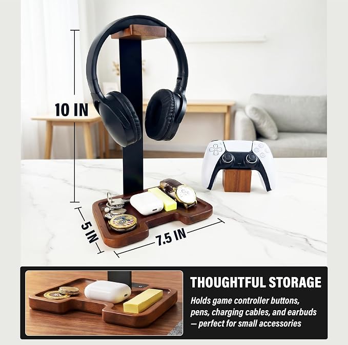 Gaming Equipment Headset Stand with Game Controller Holder & Storage Base, Stylish Gamer Gifts for Men Teenage Boy Headphone Stand, Unique Gifts for Gamers to Organize Gaming Accessories (Brown Wood) - Image 6
