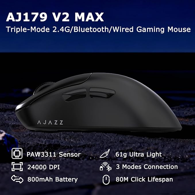 AJ179 V2 Wireless Gaming Mouse, Tri-Mode 2.4G/Bluetooth/Wired, 800mAh Battery Inside a 61g Ultra-Light Shell, 24000 DPI, 6 Programmable Buttons, Right-Handed Ergonomic, On-Board Memory – Black - Image 2