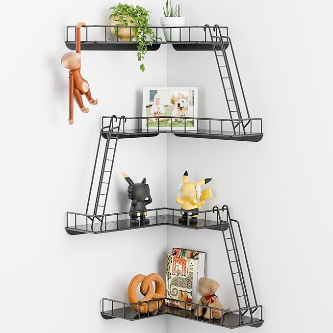 Fire Escape Wall Shelf - Modern City Style 4-Tier Corner Wall Shelves, Easy to Install Metal Ladder Shelf for Figures, New York Decorative Shelves for Bathroom, Living Room & Home Decor,Black by WOPITMER