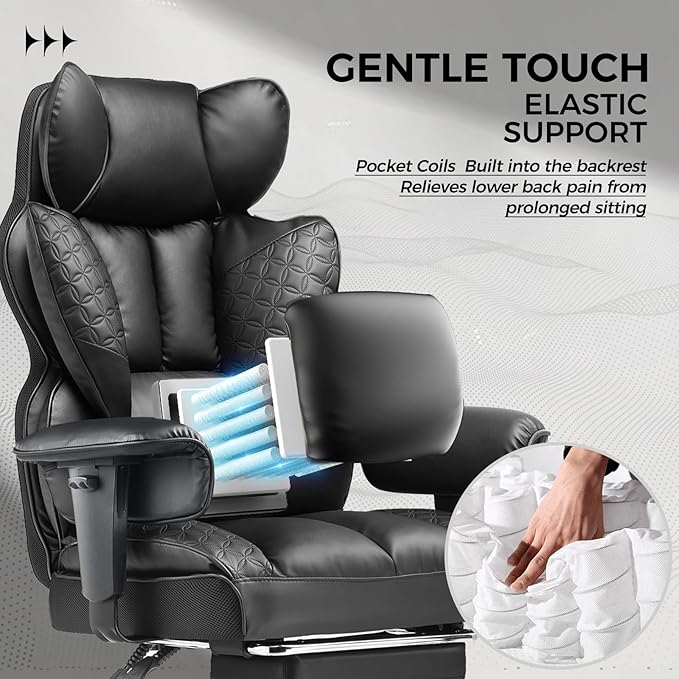 COMHOMA Big and Tall Office Chair Heavy Duty Wide Ergonomic Gaming Chair with Deluxe Embossing Leather with Foot Rest 150°Reclining Adjustable Armrests Pocket Spring Back Support and Without Pillow - Image 4