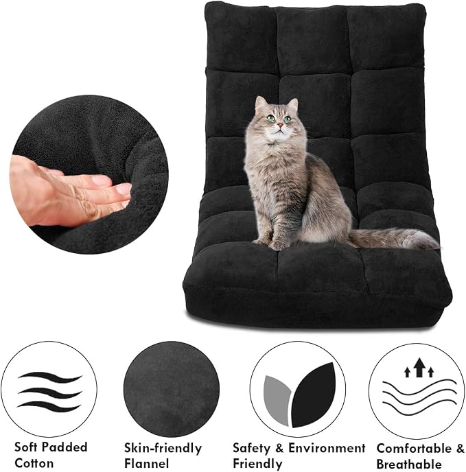 GIANTEX Floor Chairs for Adults, Floor Gaming Chair w/Back Support (Black) | Coral Velvet, 14 Adjustable Position, Thick Sponge Padding, Floor Seating Lounge for Reading, Watching TV, Meditation - Image 5