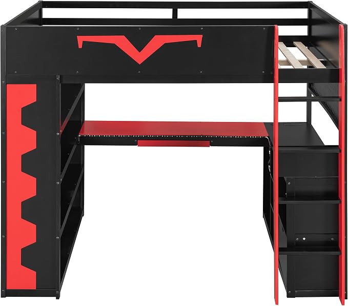 Merax Full Size Gaming Loft Bed with Desk and RGB LED Lights, Pro-Gamer Bed with Power Outlet, Large Bookshelf, Pegboard, Keyboard Tray & Drawer, Red - Image 6
