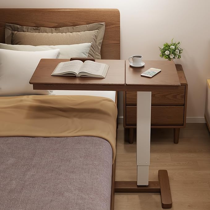 Muwuele Solid Wood Overbed Bedside Table with Wheels, Adjustable Medical Tilt Top Hospital Bed Table Over The Bed, Rolling Laptop Desk, Mobile Standing Desk for Hospital and Home Use (Walnut) by Muwuele