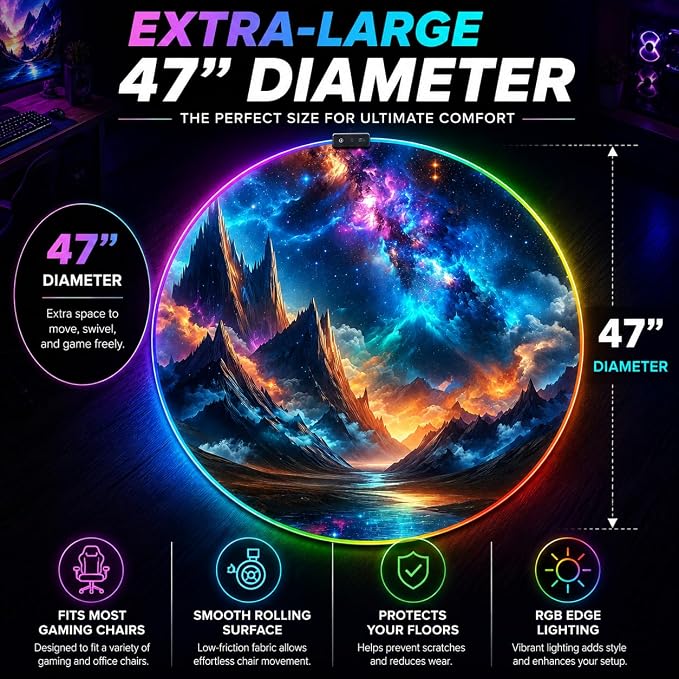 Gaming Chair Mat for Hardwood Floor Circle RGB Gaming Lights (Mountains 47”) - Noise Cancelling, Anti-Slip Gamer Floor Mat – Scratch Resistant Computer Gaming Mat for Chair – Office Chair Mat - Image 7