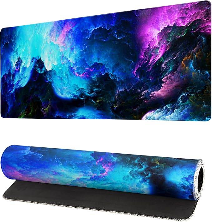 Dazzling Galaxy Gaming Mouse Pad 27.6x11.8 Inch Blue Purple Galaxy Nebula Universe Space Large Mousepad Non-Slip Rubber Base Stitched Edges Keyboard Mouse Mat Desk Pad for Office Home and Game by Siski