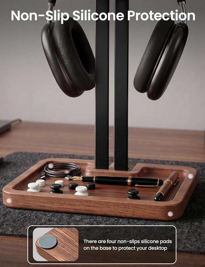 LOXP Wooden Headphone Holder, Solid Stand with Non-Slip and Storage Base | Anti-Rust Gravity Arm, Hardwood Earphone Hanger for Desk, Universal Fit for Gaming Headsets, Studio Headphones - Image 7