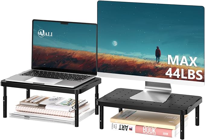 WALI Computer Monitor Stand for Desk, Adjustable Laptop Riser, up to 44 lbs | Monitor Riser Under-Desk Storage, Fits Monitors, Laptops, Printers, for Home, Office, School Supplies (PTT001), 1 Pack, Black by WALI