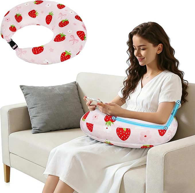 Crafting Pillow for Crocheting, Crochet Pillow for Lap Support, 12 Fun Print Styles, Ergonomic Arm Support, For Bed, Floor, Chair Comfort, Pain Relief and Fatigue for Gaming and Woking (Strawberry) by Unknown