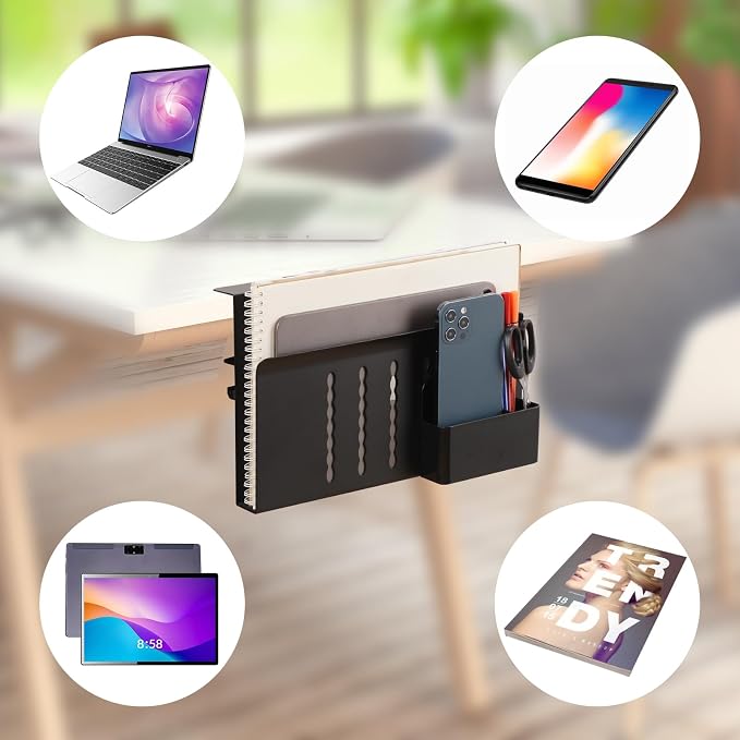 Desk Side Storage, Under Desk Laptop Mount, Table Side Hanging File Organizer, No Drill Clamp On Cable Management Tray, Laptop Holder with Magnetic Pen Holder for Office and Home(Black) - Image 4