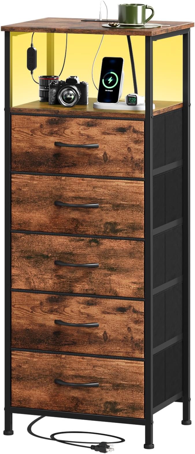 Somdot Tall Nightstand with 5 Drawers, Charging Station & LED Light by Somdot