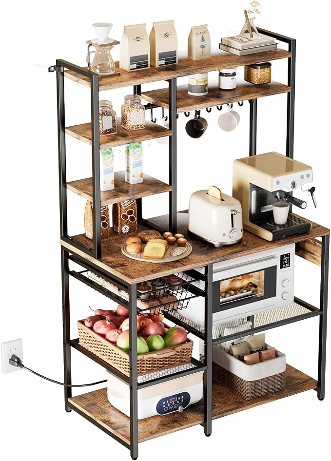 VEVOR Kitchen Bakers Rack with Power Outlets, 35.4x15.7x70.9 Inch Microwave Stand with Built-in Power Strip & 5 Ft Cord, 10 S-Shaped Hooks, for Dish Storage, Spice Jars, Coffee Bar Organization - Image 9
