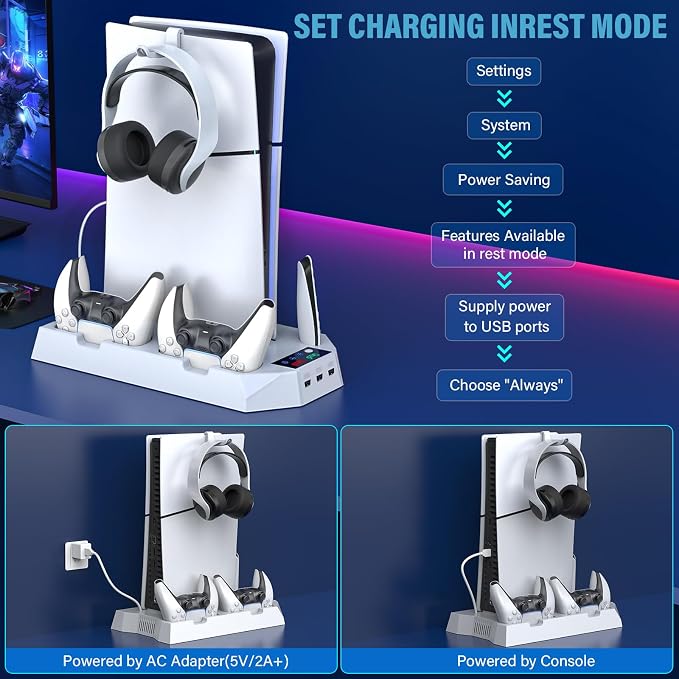 PS5 Slim Stand and Cooling Station with Controller Charging Station for Playsation 5 Slim&Standard Disc/Digital Console, PS5 Accessories Incl. Controller Charger/Turbo Fan/3 USB Hub/Headset Holder - Image 6