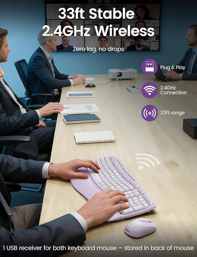 Purple MA31 Ergonomic Wireless Keyboard and Mouse Combo, Full Size Wave Key - Image 4