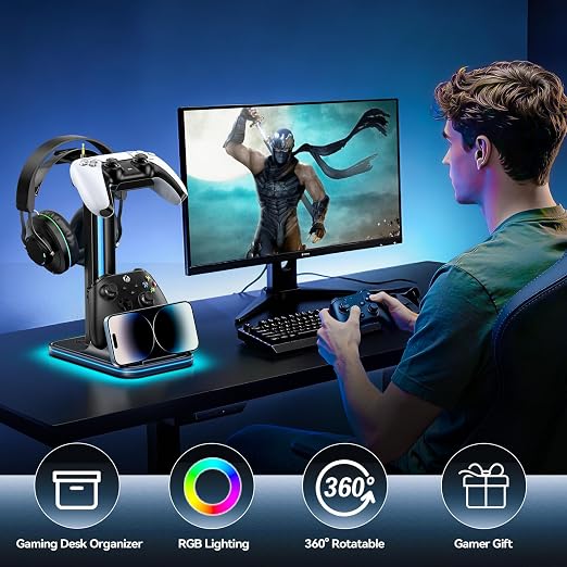 Kytok 4-in-1 Headset and Controller Stand for Desk, 360° Rotating Headphone Stand with Phone Holder, 10 RGB Modes for Accesorios de Mesa Gamer, P5/SW/Xbx Levitating Gaming Headset and Controller Stand - Image 7
