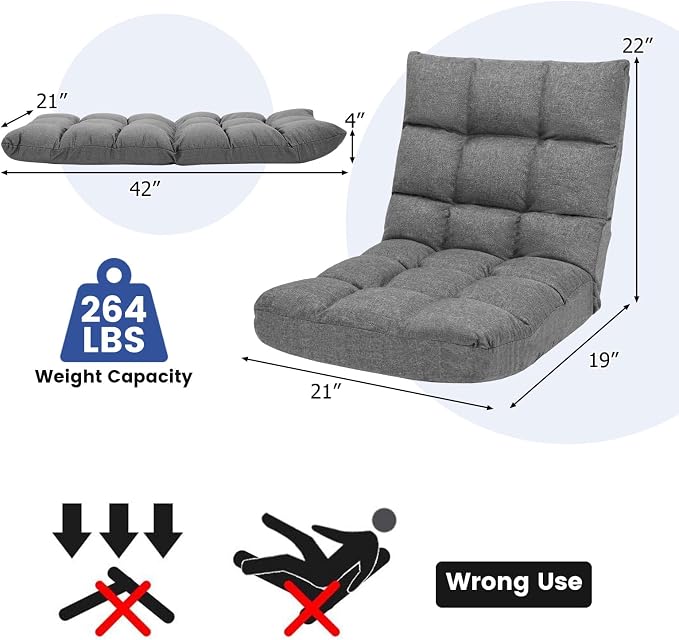 ERGOMASTER Floor Gaming Chair with Back Support 14 Adjustable Positions Folding Recliner Alloy Steel Frame High Resilience Sponge & Linen Fabric Couch Recliner for Playing Reading for Adults, Kids - Image 3