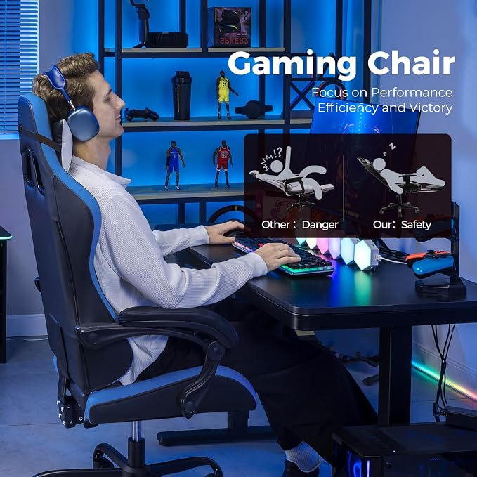 GTPLAYER Gaming Chair, Video Game Chairs Racing Style PC Game Chairs 350lbs for Adults - Padded High Back Ergonomic Reclining Silla Gamer, Linkage Armrest, Blue - Image 3
