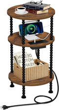 YINMIT 3-Tier Small Bedside Table,Round Side Table with AC Charging Station by YINMIT