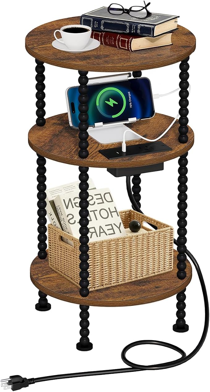 YINMIT 3-Tier Small Bedside Table,Round Side Table with AC Charging Station by YINMIT