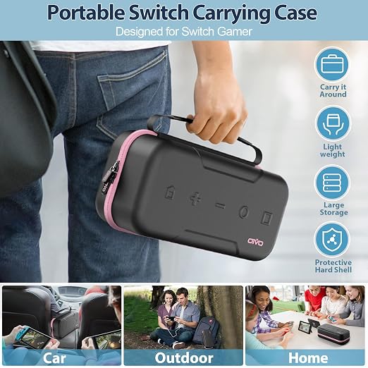 Switch OLED Carrying Case Compatible with Nintendo Switch & OLED, Portable Switch Travel Carry Case Fit for Joy-Con and Adapter, Hard Shell Protective Switch Pouch Bag with 20 Games, Pink - Image 7