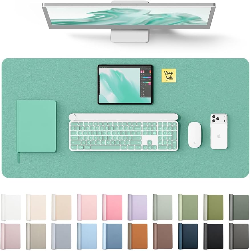 YSAGi Leather Desk Protector, Office Mat, Large Mouse Mat, Non-Slip PU Leather Blotter, Laptop Desk Mat, Waterproof Writing Pad for Office and Home (Green-Blue, 31.5" x 15.8") by YSAGi