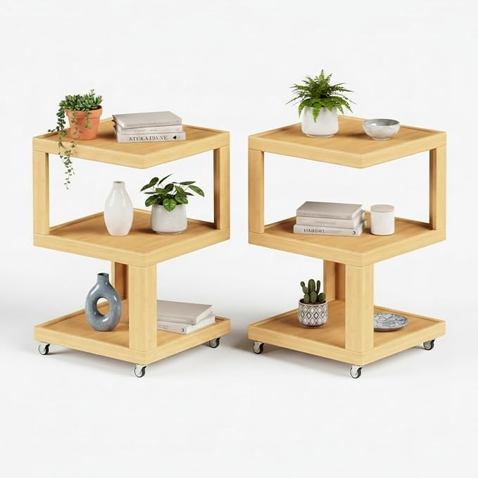 ZIYOO End Table Set of 2, 3-Tier Mobile Side Table with Wheels, Wooden Night Stand, Unique Floating Design Storage Organizer for Bedroom, Living Room, Small Spaces, Natural by ZIYOO