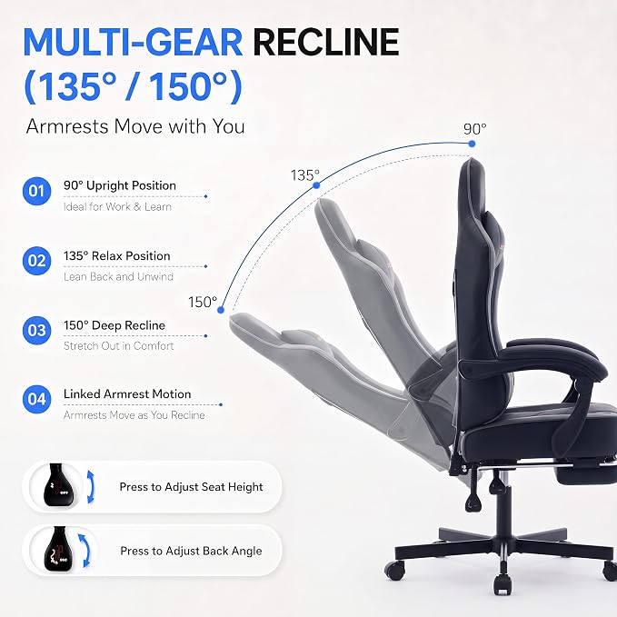 Desk Computer Gaming Chair - High Back Ergonomic Office Chair with Footrest and Lumbar Support, Swivel Comfy Home Gamer Video Game Chairs with Pocket Spring Cushion for Adults (Grey Leather) - Image 7