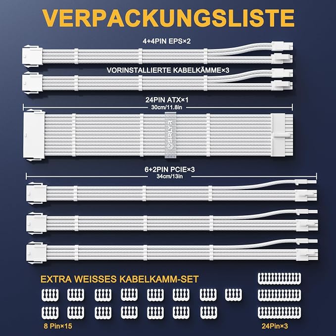 Sirlyr PSU Cable Extension Kit,One Way Bend Design PC Cables - Bright White Braided 1x 24Pin ATX / 2X 8 (4+4) Pin EPS/Gold-Plated 3X 8 (6+2) Pin PCIE for Power Supply,16AWG 6 Kits - Image 6