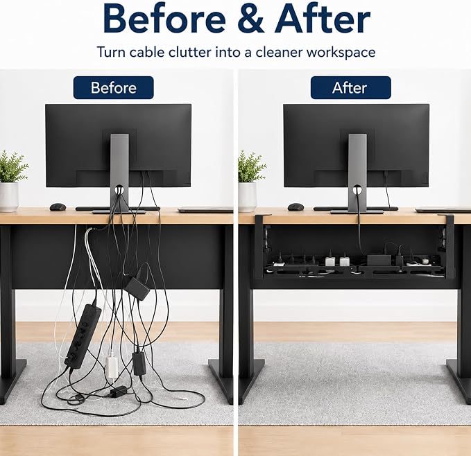 No Drill Under Desk Cable Management Tray, Adjustable 17.6"-27.4" Clamp-On Metal Cable Tray for Power Strip, Under Desk Cord Organizer and Wire Management Holder for Standing Desk, Gaming Desk, Office - Image 3