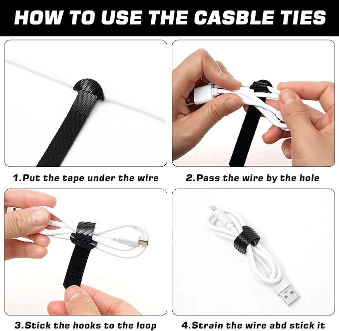 60pcs Reusable Fastening Cable Ties, 6-Inch Cable Straps Cable Management, Multi-Purpose Hook & Loop Cord Organizer Wire Ties, Adjustable Cable Organizer Cord Ties, Microfiber Cloth Straps,Black. - Image 7