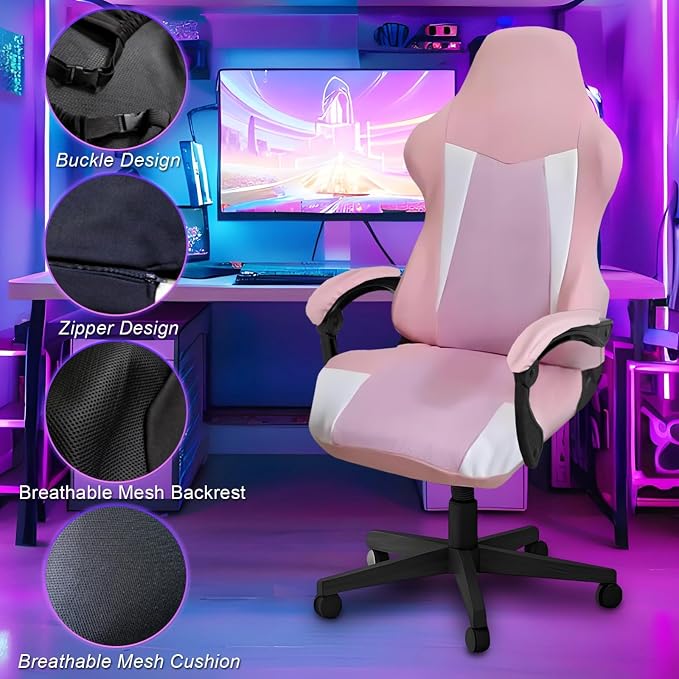Gaming Chair Covers Only,Stretchable Fit Thick Breathable Mesh | Cat Scratch Proof,Scratch Resistant,Soft,Gaming Chair Seat Cover with 2Pcs Armrest Slipcovers(Pink-white,Style 1) - Image 3