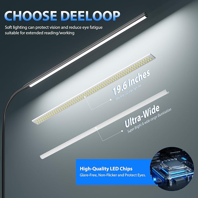 deeloop 20" Ultra Long LED Desk Lamp, 950LM Clamp Light, Wide Workspace - Image 2