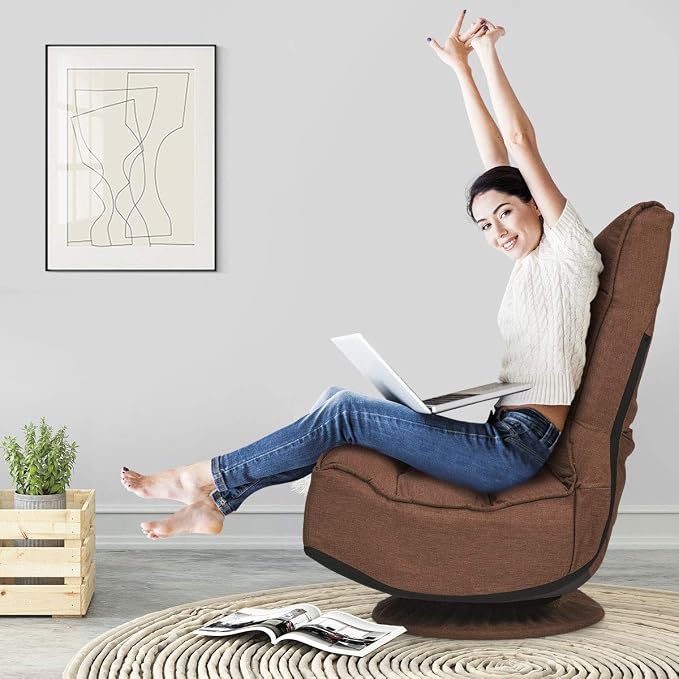 Giantex 360 Degree Swivel Floor Chair, Folding Floor Gaming Chair with 6 Positions Adjustable, Lazy Sofa Lounge Chair w/Tufted Back Support, Video Gaming Chair for Reading TV Watching (Brown) - Image 2