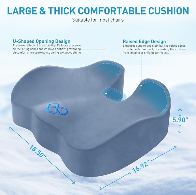BlissTrends Extra Thick Seat Cushion for Office Chair & Car Seat, LightBlue | XX-Large Tailbone & Sciatica Relief, Ergonomic Support, High-Density Memory Foam, Comfort for Extended Sitting - Image 2