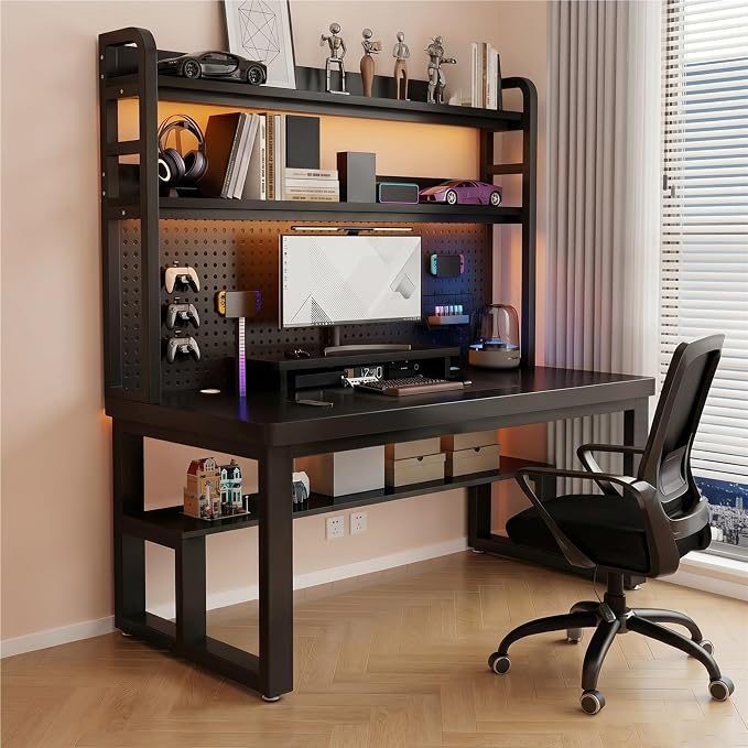 47in Gaming Desk with Pegboard and Hutch Computer Workstation | Optimize Your Space with This Study Table. Features A Steel Frame, Vertical Hutch, and Storage Shelves.(A,100CM/39.3IN) by Unknown