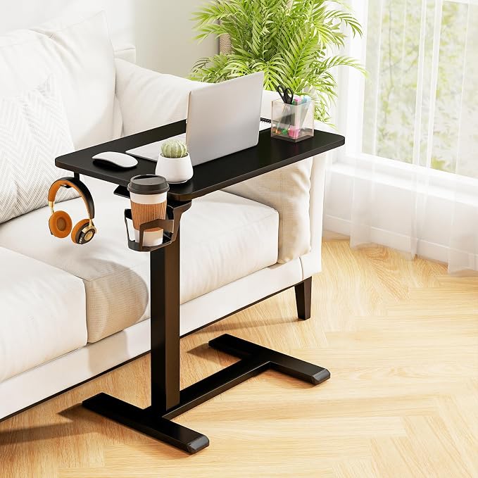 Tangkula Mobile Standing Desk, Pneumatic Height Adjustable Rolling Desk with Cup Holder & Headphone Hook, Overbed Table with Hidden Wheels, Laptop Computer Cart for Couch, Home, Office (Black) - Image 2