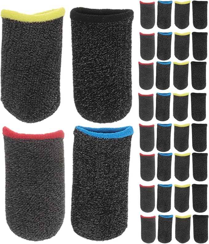 OSALADI 40 Pairs Carbon Fiber Gaming Finger Sleeves Set with Anti-Sweat Breathable Thumb Covers for Mobile Game Players – Black, Red, Blue, Yellow Edges – Precision Touchscreen Gloves by OSALADI