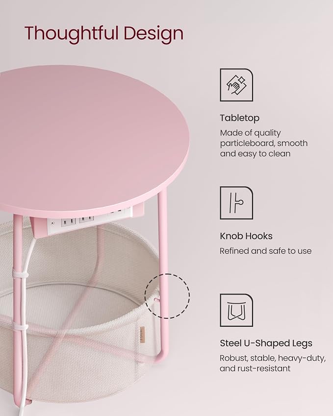 VASAGLE Side Table with Charging Station,Fabric Basket, Round End Table - Image 6