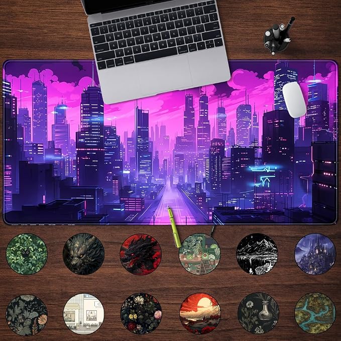 Cyberpunk Neon Purple City Gaming Desk Mouse Pad XL Pink Extended Mouse Pad Gaming, Keyboard Pc Office Laptop Mousepad Large, 31.5x15.8 in with Stitched Eges Non-Slip Base Mouse Pads - Image 2