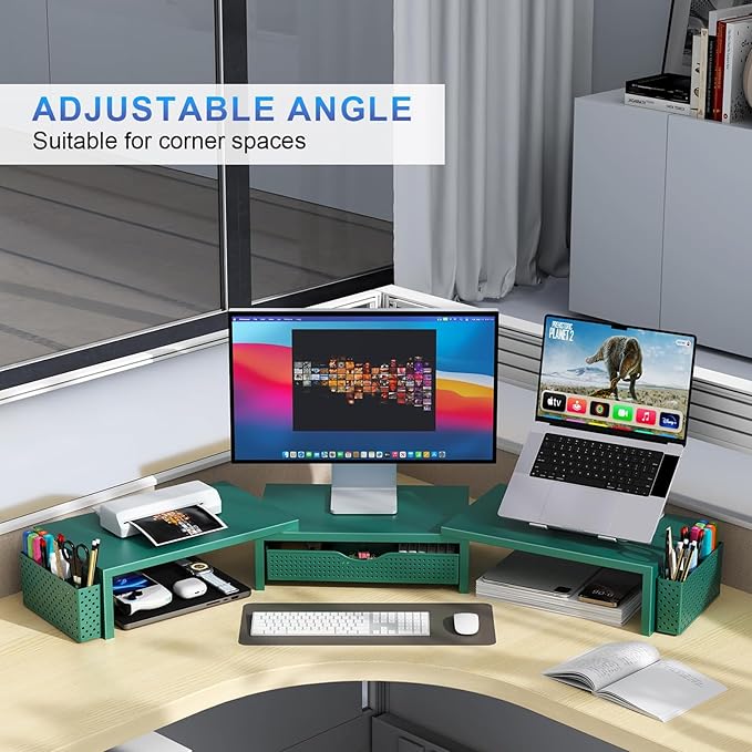gianotter Dual Monitor Stand Riser With Drawer and 2 Pen Holders | Computer Monitor Stand Desk Organizer and Accessories Desk Shelf for Top of Desk (Green) - Image 4