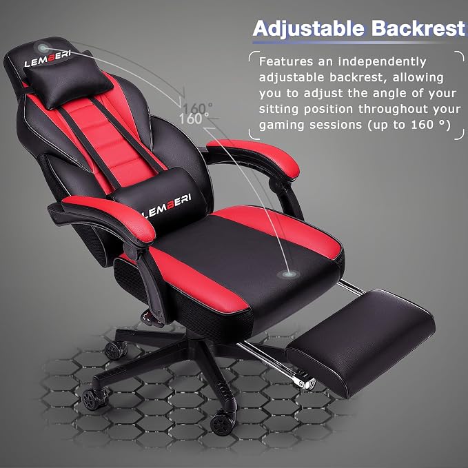 LEMBERI Big and Tall Gaming Chair, 400lb Capacity, Red | Heavy-duty steel frame, wide seat & high back, PU leather, reinforced footrest, linkage armrests for PC desk & office - Image 4