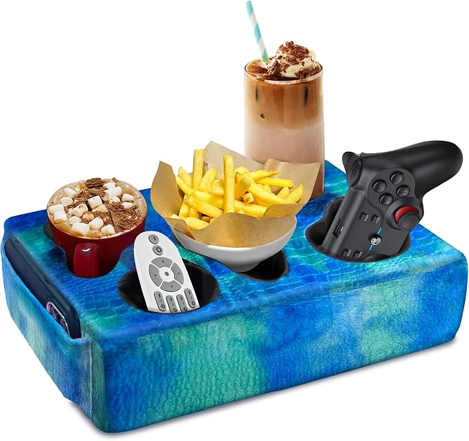 Couch Cup Holder Pillow, 5 Hole Couch Drink Holder! Keep Drinks Hand Side and Keep Temp, Prevent Spills and Use Anywhere. Cup Holder for Couch, Bed, Camping, RV, Car, Beach. Blue by NISDOING